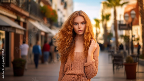 young adult woman on a side street, strolling through town in her free time or on vacation or at the weekend, out and about outdoors, in a street with shops stores. Generative AI #604211276