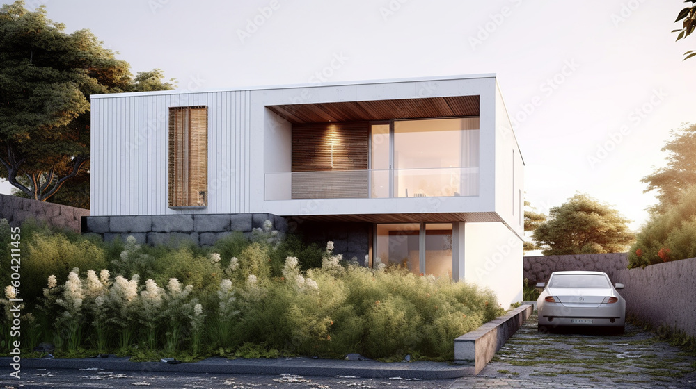 Luxurious small white family house with free lot space around it as a garden, small town or rural area, beautiful square house with a flat roof and large windows. Generative AI Luxurious small white family house with free lot space around it as a garden, small town or rural area, beautiful square house with a flat roof and large windows. Generative AI