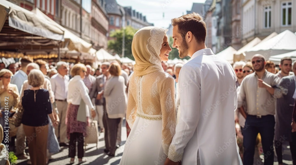Fototapeta premium young adult couple on travel, vacation, city, city trip, excursion together, elegant luxurious, afternoon sunshine, fictional place. Generative AI