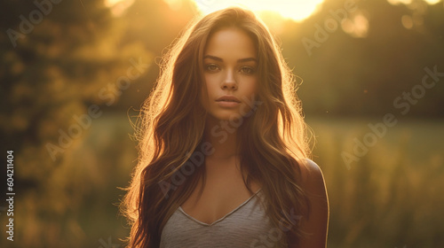 nature and humanity, young adult woman is connected to nature and represents humanity and innocence, forest and green background, multiracial tanned skin. Generative AI © wetzkaz