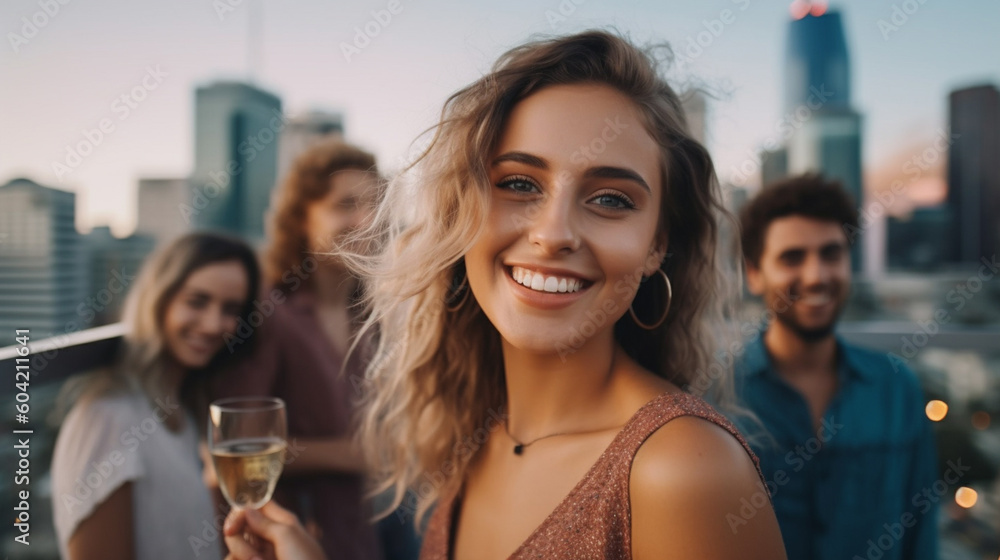 in a big city on a roof or viewpoint, viewing platform, young adult woman in summer dress with friends outside, glass of champagne, skyscrapers. Generative AI