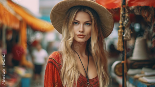 adult woman in summer dress and sun hat in a small side street, touristic stores, blonde. Generative AI