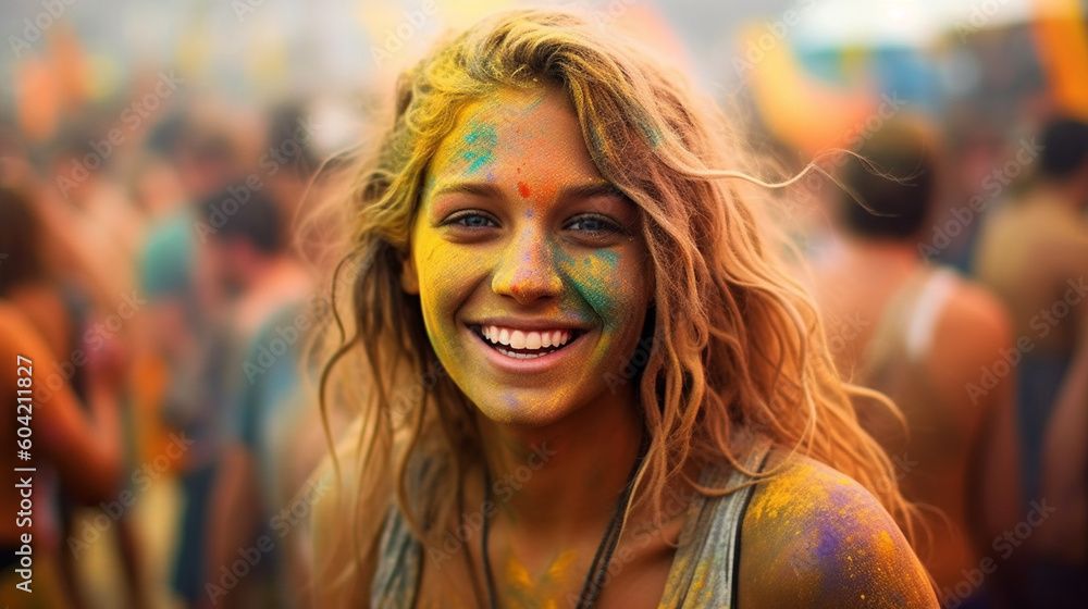 color festival Young adult woman is on vacation or has emigrated, fictitious place, side street with local people. Generative AI color festival Young adult woman is on vacation or has emigrated, fictitious place, side street with local people. Generative AI