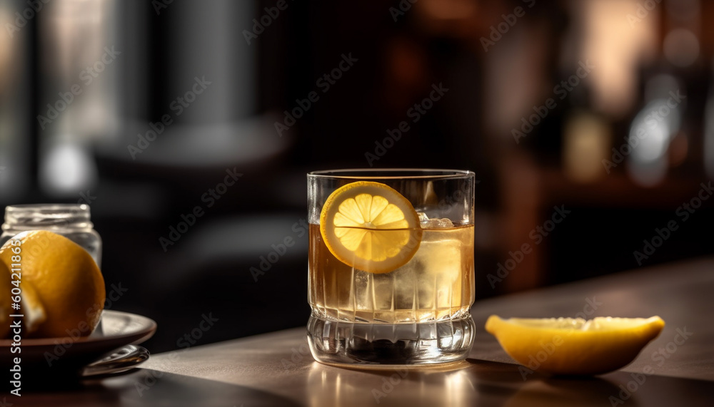 Refreshing lemon cocktail on rustic table, perfect for summer relaxation generated by AI Refreshing lemon cocktail on rustic table, perfect for summer relaxation generated by AI