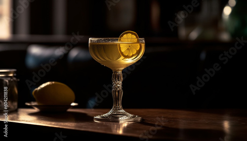 A luxurious cocktail on a wooden table in a bar generated by AI