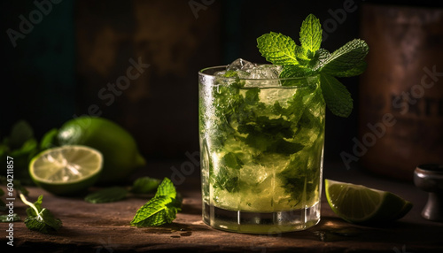 A refreshing mojito cocktail with lime, mint, and ice generated by AI