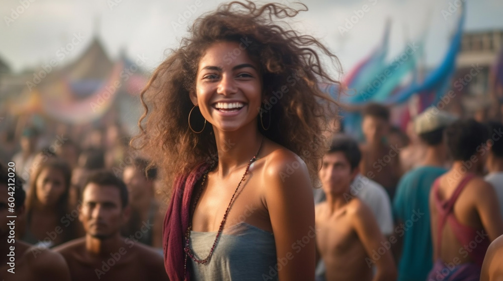 summer party or summer vacation, young adult multiracial or local tanned woman with a happy smile, crowd and mass of people outdoor in tropical fictitious place. Generative AI