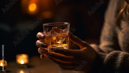 A fiery whiskey cocktail warms the hand on a winter night generated by AI