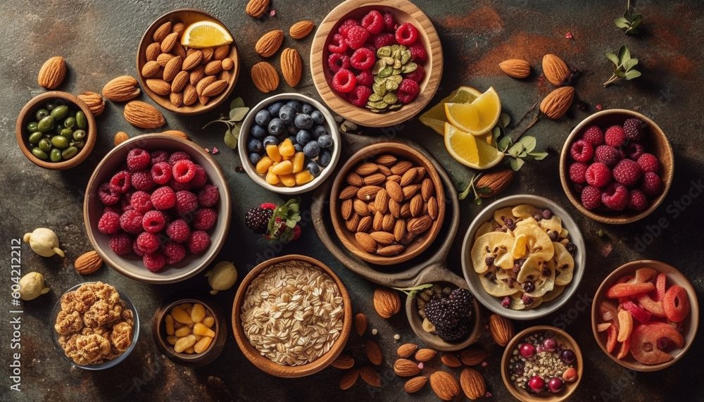 A gourmet bowl of healthy breakfast cereal with organic berries generated by AI A gourmet bowl of healthy breakfast cereal with organic berries generated by AI