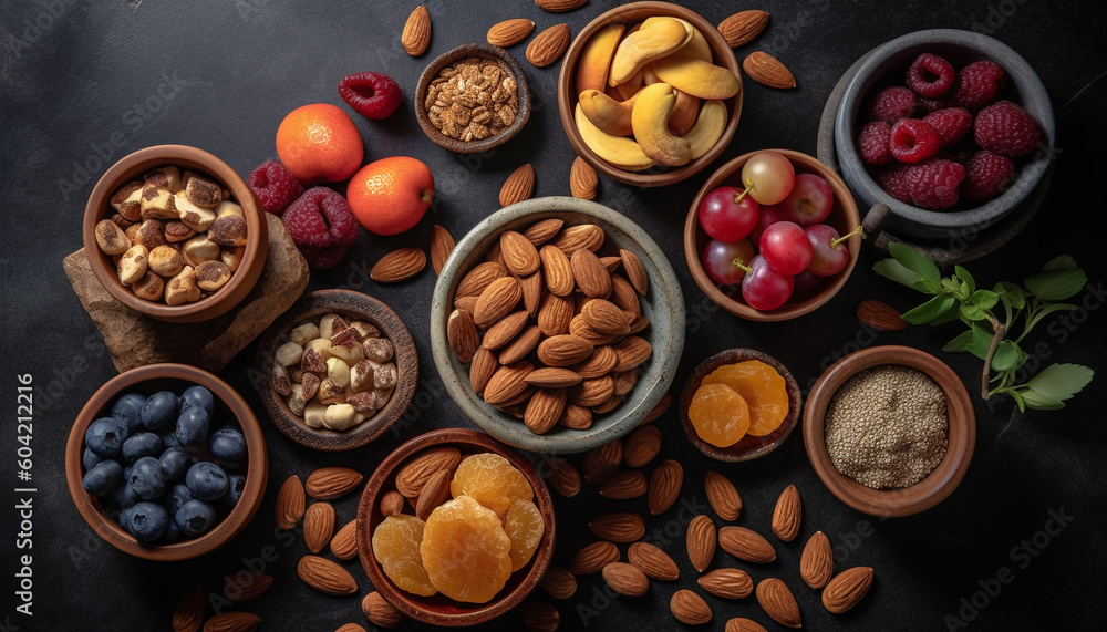 A bowl of fresh, organic nuts and fruit for healthy snacking generated by AI A bowl of fresh, organic nuts and fruit for healthy snacking generated by AI