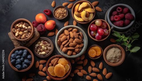 A bowl of fresh, organic nuts and fruit for healthy snacking generated by AI