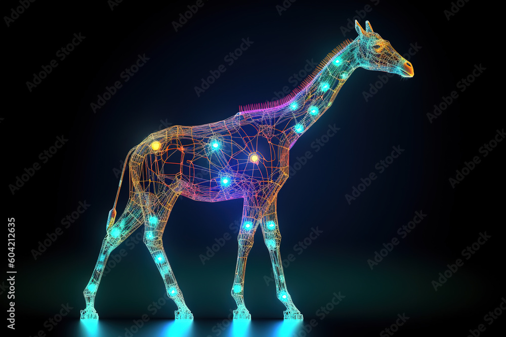 Fototapeta premium Image of giraffe with light that is in the digital world on a dark background. Wildlife Animals. illustration, generative AI.