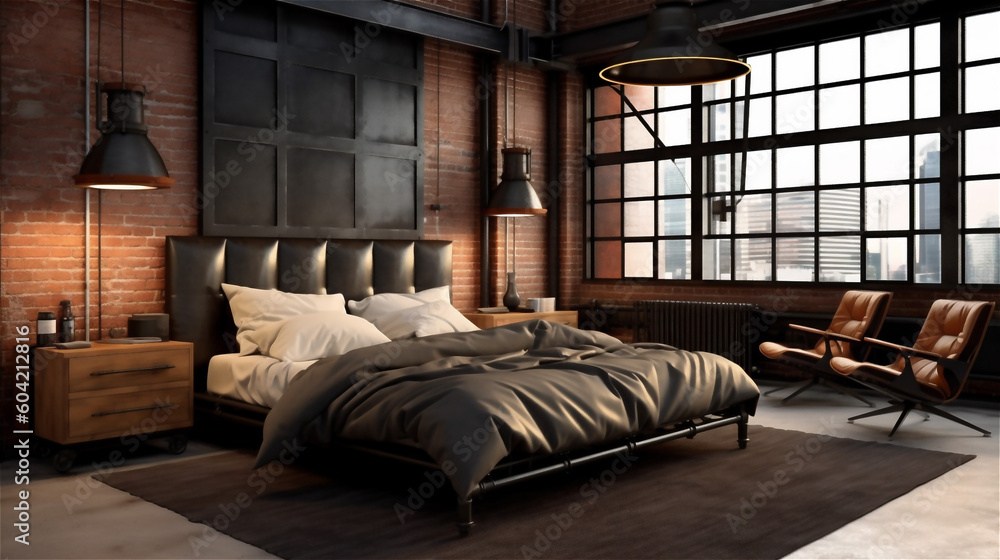 Generative AI, Industrial Chic Bedroom Generative AI, Industrial Chic Bedroom