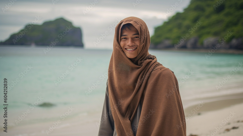 a young adult man on vacation at sandy tourist beach, man ro teenager on summer vacation, people as tourists , tourism. Generative AI a young adult man on vacation at sandy tourist beach, man ro teenager on summer vacation, people as tourists , tourism. Generative AI