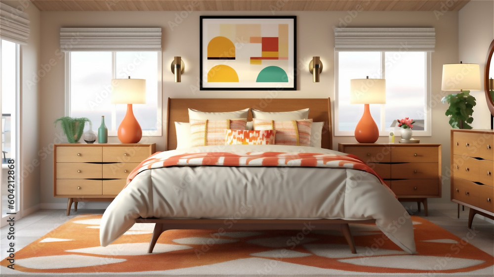 Generative AI, Mid-Century Modern Bedroom Design Generative AI, Mid-Century Modern Bedroom Design