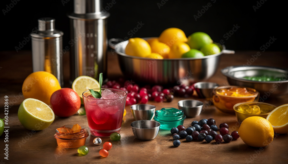 A juicy citrus cocktail with lime, lemon, and grapefruit slices generated by AI A juicy citrus cocktail with lime, lemon, and grapefruit slices generated by AI
