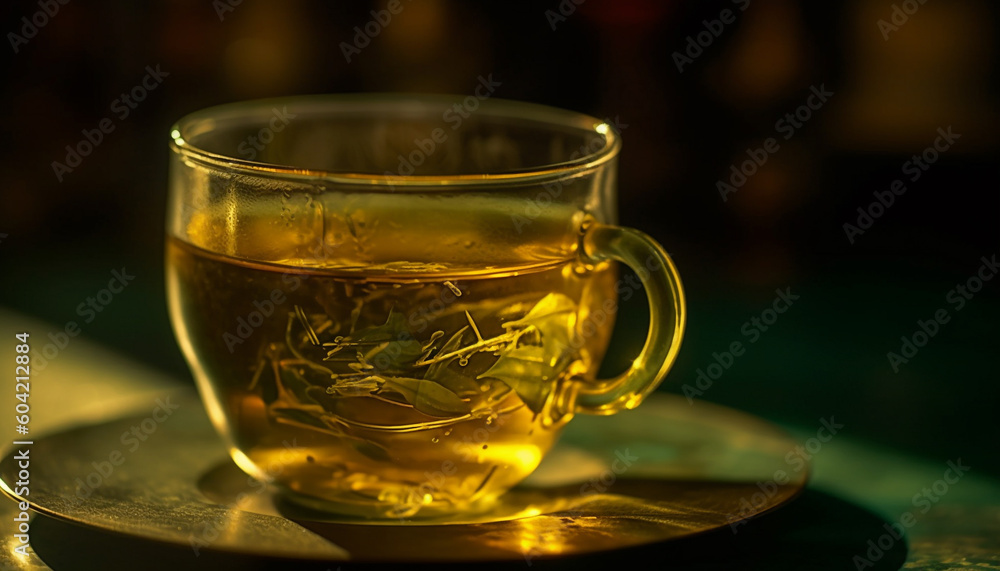 A hot drink on a wooden table, with a saucer generated by AI A hot drink on a wooden table, with a saucer generated by AI