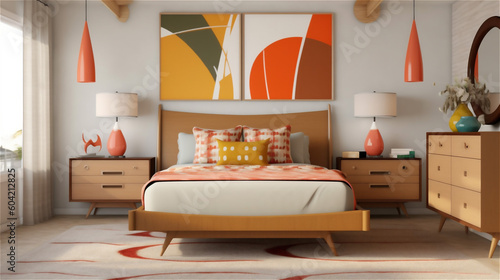 Generative AI, Mid-Century Modern Bedroom Design © icehawk33