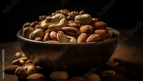 A rustic bowl of gourmet nuts, a healthy appetizer stack generated by AI