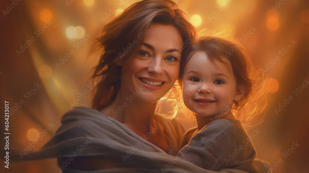 adult woman with a smile with her dauhter, girl, snuggled up cozy in bed, mother's love. Generative AI adult woman with a smile with her dauhter, girl, snuggled up cozy in bed, mother's love. Generative AI