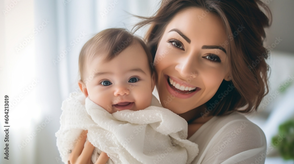 adult woman with a smile with her son, boy, snuggled up cozy in bed, mother's love. Generative AI adult woman with a smile with her son, boy, snuggled up cozy in bed, mother's love. Generative AI