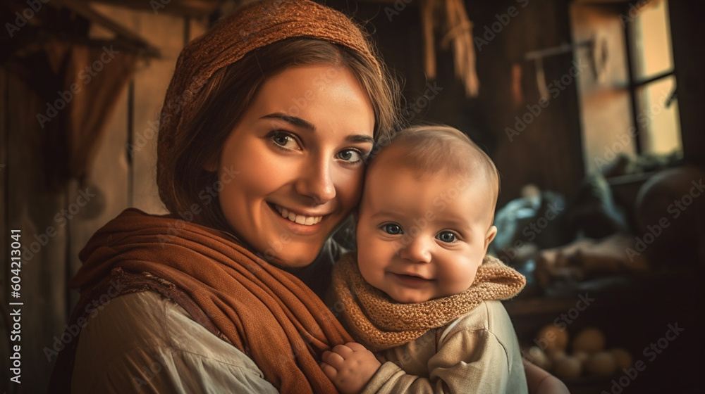 adult woman with a smile with her son, boy, snuggled up cozy in bed, mother's love. Generative AI
