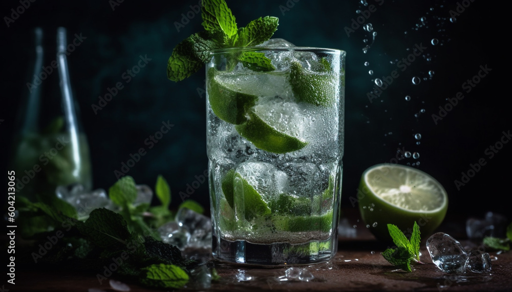 A refreshing mojito with lime, mint, and citrus fruit garnish generated by AI A refreshing mojito with lime, mint, and citrus fruit garnish generated by AI