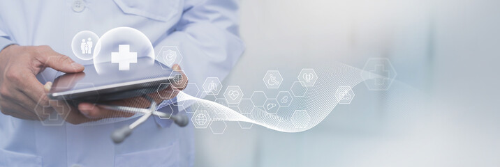 Health Insurance, telemedicine, virtual hospital, family medicine concept. Doctor using digital tablet with health care icons, medical technology background, health insurance business