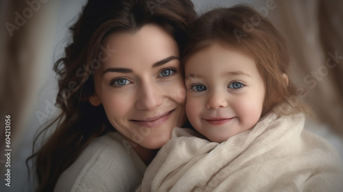 adult woman with a smile with her dauhter, girl, snuggled up cozy in bed, mother's love. Generative AI