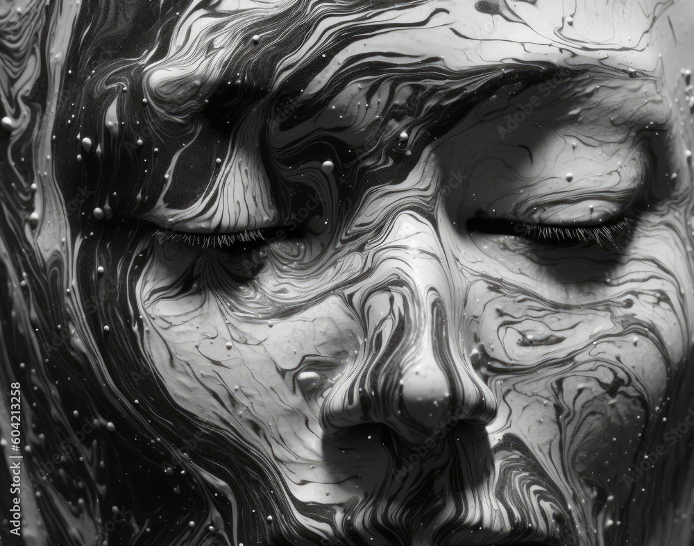 Fototapeta premium Close up on a woman face slupted in dripping melting paint texture, generative ai illustration