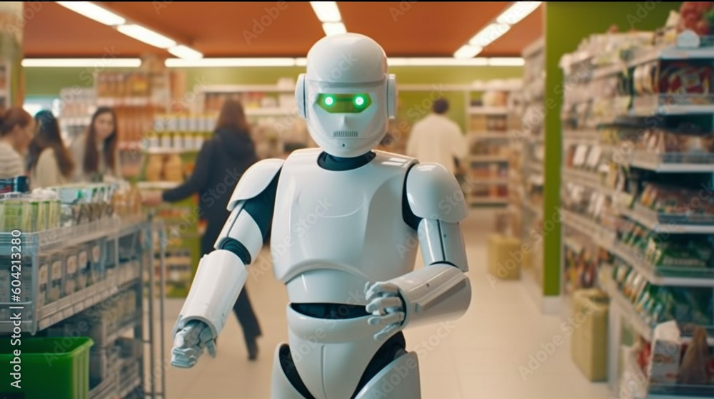a service robot and household robot goes shopping, in the supermarket, humanoid android with artificial intelligence. Generative AI a service robot and household robot goes shopping, in the supermarket, humanoid android with artificial intelligence. Generative AI