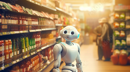 a service robot and household robot goes shopping, in the supermarket, humanoid android with artificial intelligence. Generative AI © wetzkaz