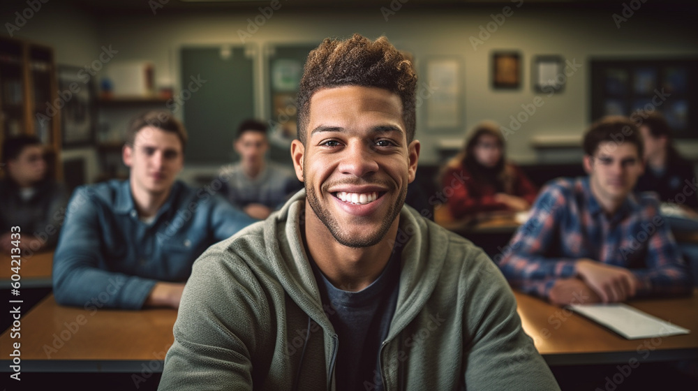 young adult man in a room with other people, university school lecture hall or further education. Generative AI young adult man in a room with other people, university school lecture hall or further education. Generative AI