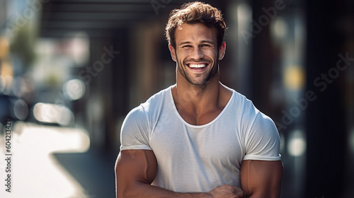 the perfect man, muscles, shirtless, smiling happy, Gigachad. Generative AI photo