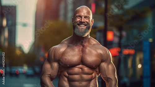 the perfect man, muscles, shirtless, smiling happy, Gigachad. Generative AI