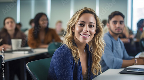 young adult woman multiracial multiethnic, in a class or lecture hall in a school or university campus or business meeting, joyful facial expression, tanned skin, smile. Generative AI