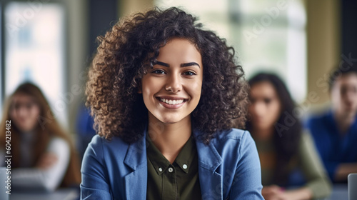 young adult woman or teenager, multiracial multiethnic, sitting in a school class or lecture hall in a school or university campus, joyful facial expression, tanned skin, smile, 20s. Generative AI