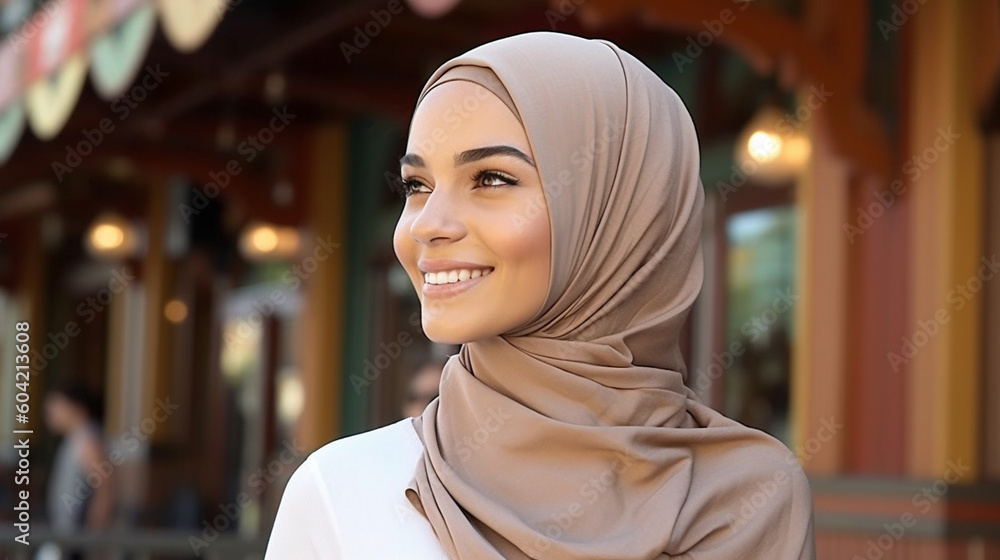 young adult woman traveling, on vacation, hijab headscarf sun protection, old town, fictional place. Generative AI young adult woman traveling, on vacation, hijab headscarf sun protection, old town, fictional place. Generative AI