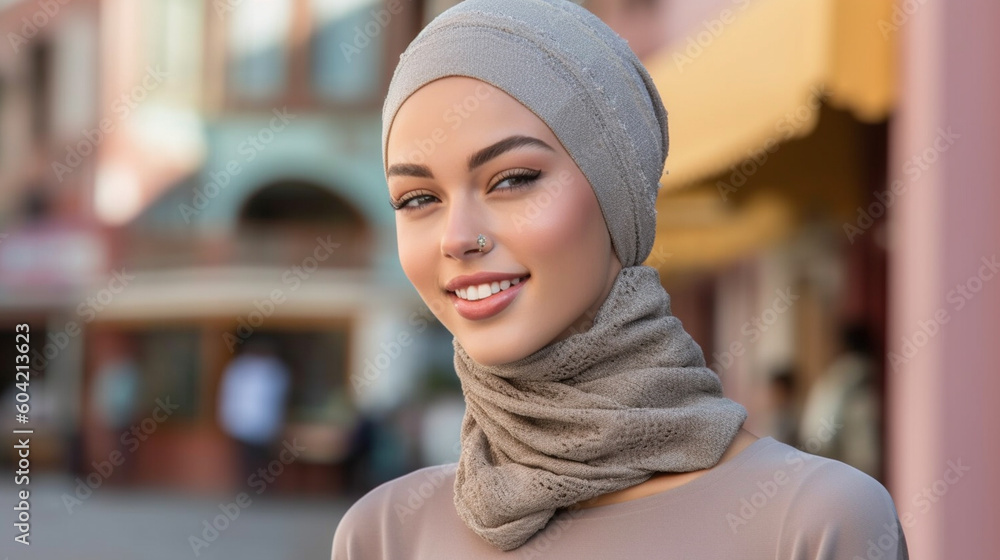 young adult woman traveling, on vacation, hijab headscarf sun protection, old town, fictional place. Generative AI young adult woman traveling, on vacation, hijab headscarf sun protection, old town, fictional place. Generative AI