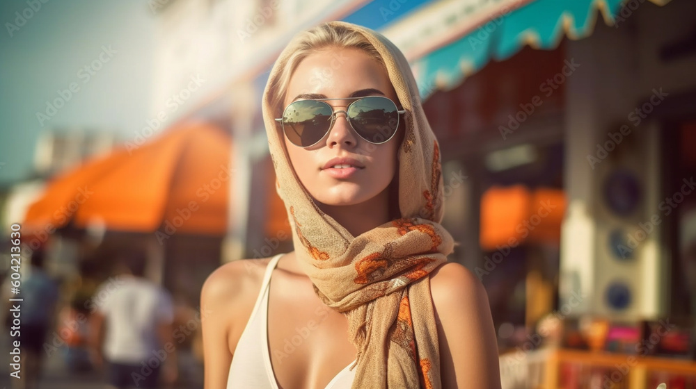 young adult woman traveling, on vacation, hijab headscarf sun protection, old town, fictional place. Generative AI young adult woman traveling, on vacation, hijab headscarf sun protection, old town, fictional place. Generative AI