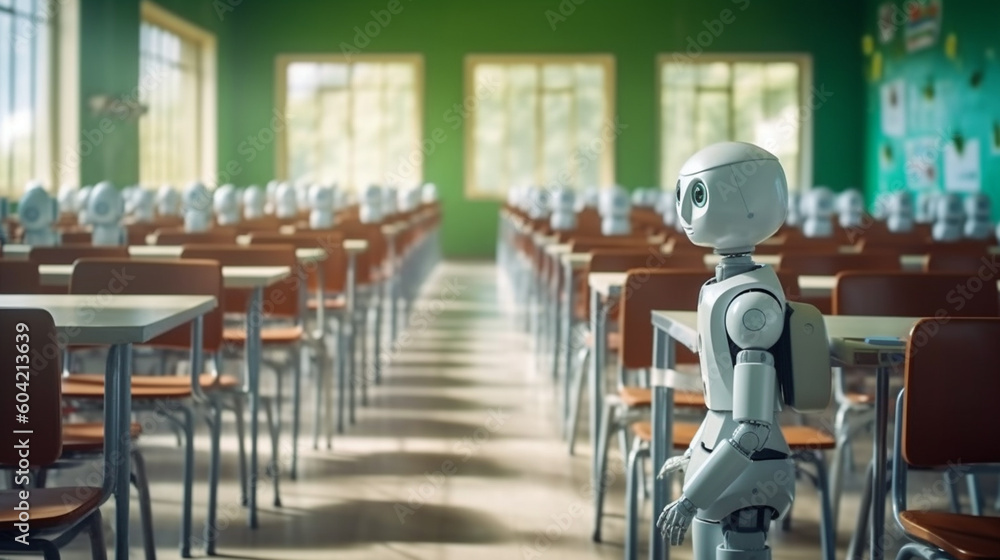 custom made wallpaper toronto digitala student, robot is a child, robot child in the classroom in a school, small robots as AI support at the seats, artificial intelligence, humanoid android. Generative AI