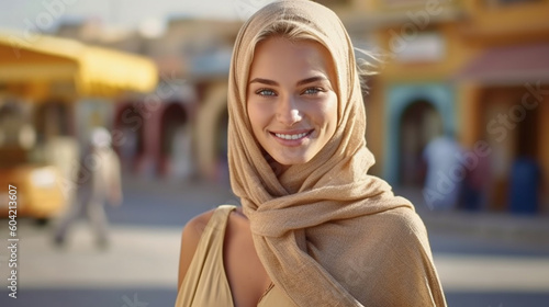 Wallpaper Mural young adult woman traveling, on vacation, hijab headscarf sun protection, old town, fictional place. Generative AI Torontodigital.ca