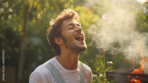 joy and fun of grilling, young adult man with grill in the garden, breathes the air and is happy, scent and smell of grilling. Generative AI