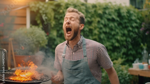 adult man burns his fingers while grilling, fire and flames over the grating of the grill, flash of flame or clumsy, burns and dangers when grilling in the garden. Generative AI