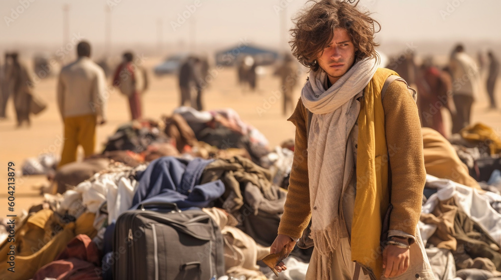 mass flight, mass migration, crowds of people to the airport runway, waiting, fleeing, fictional reason such as climate change and drought, caucasian adult male with a backpack. Generative AI