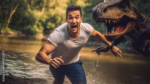 adventurer, normal adult man flees from a dinosaur, river waters, in a t-shirt and jeans, runs away, fictitious abstract. Generative AI