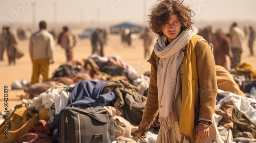 mass flight, mass migration, crowds of people to the airport runway, waiting, fleeing, fictional reason such as climate change and drought, caucasian adult male with a backpack. Generative AI