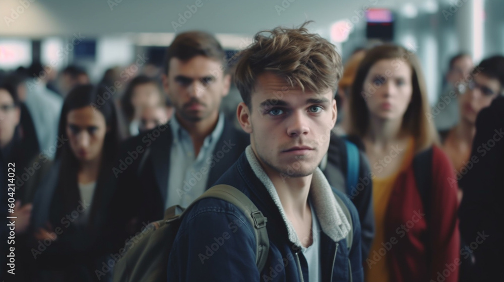 bad mood, crowd, dense crowd or queue, fictional place and happening, young adult people. Generative AI