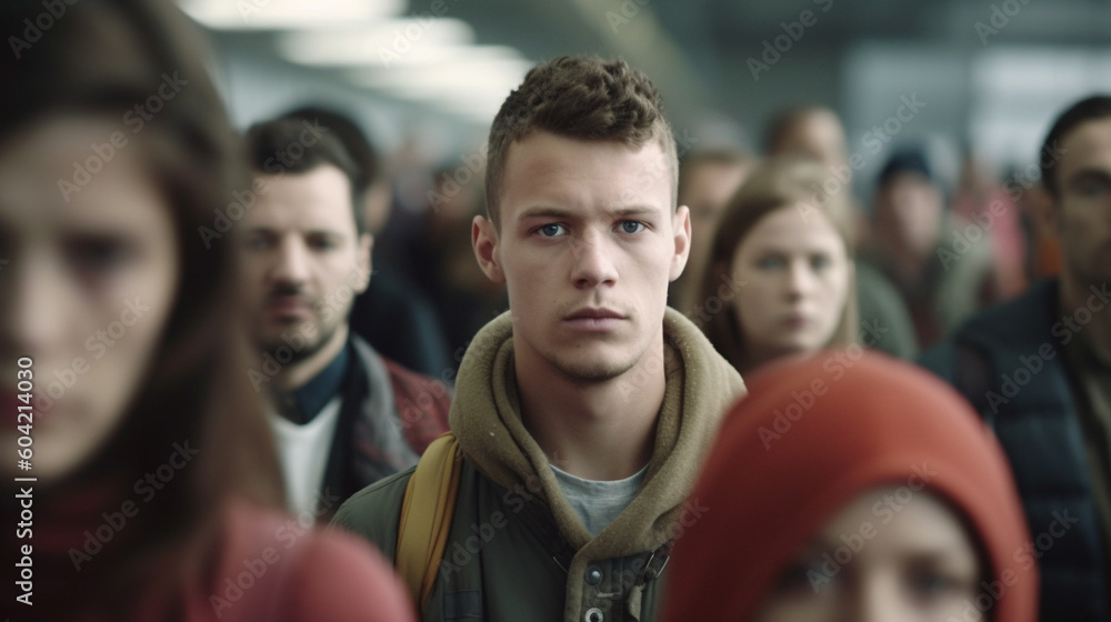 bad mood, crowd, dense crowd or queue, fictional place and happening, young adult people. Generative AI bad mood, crowd, dense crowd or queue, fictional place and happening, young adult people. Generative AI