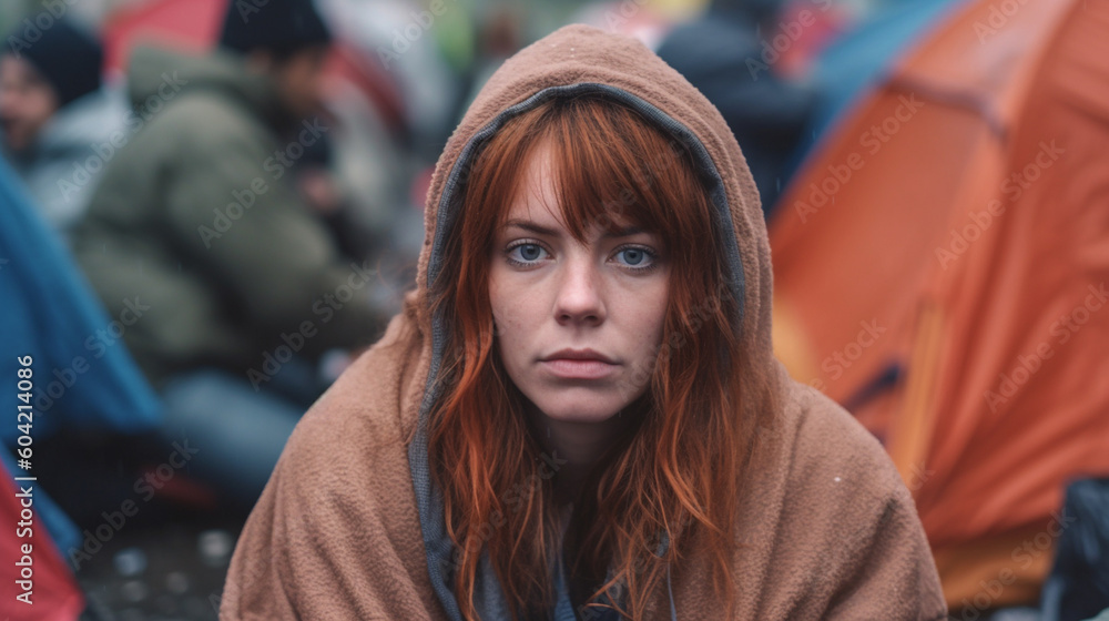 homeless and in poverty in a tent city, alone and discouraged and sad in a gloomy, desolate environment with many other people, crowds and problems. Generative AI homeless and in poverty in a tent city, alone and discouraged and sad in a gloomy, desolate environment with many other people, crowds and problems. Generative AI